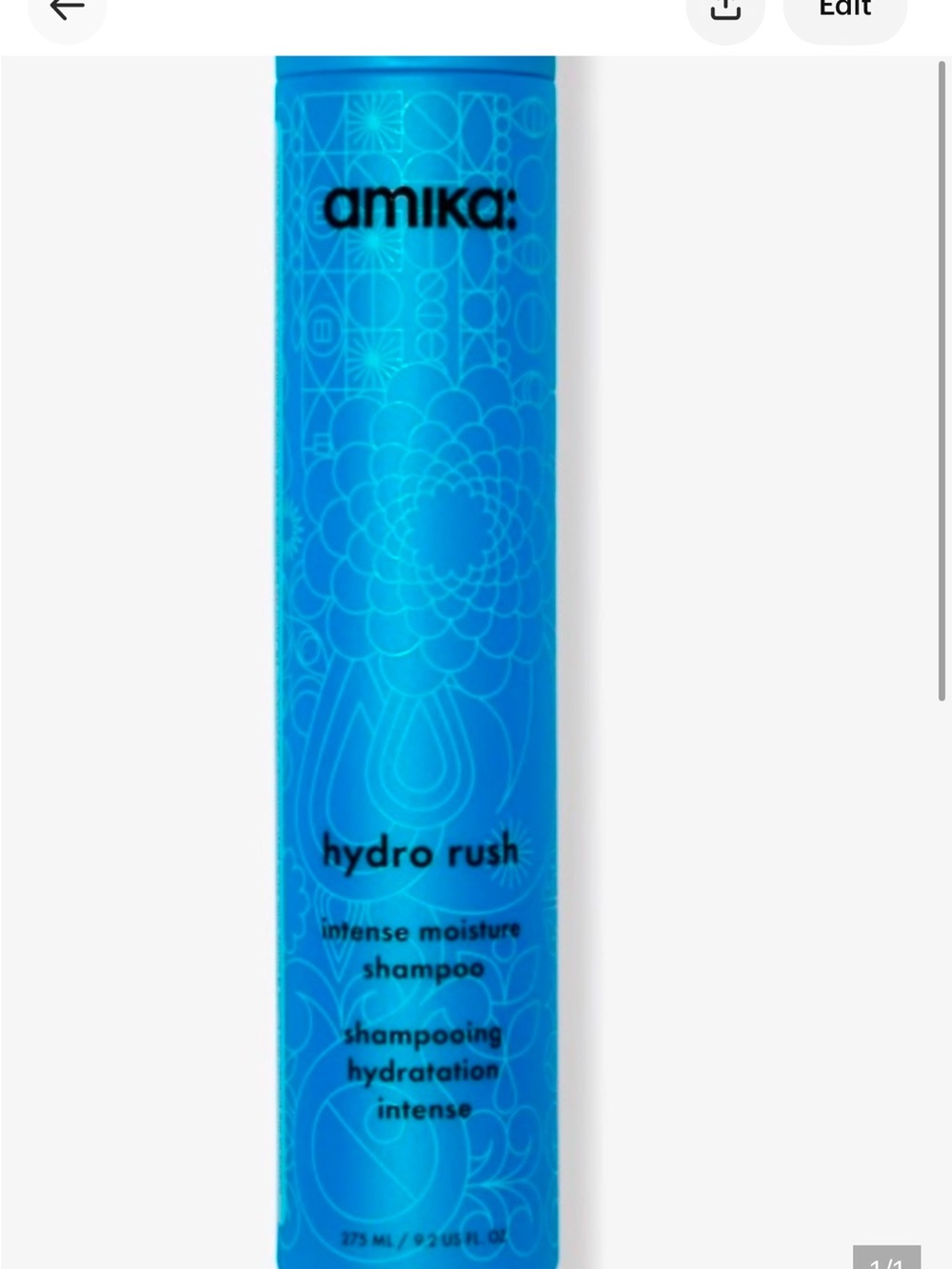 amika Hydro Rush Intense Moisture Shampoo — Vibrant Blue Bottle